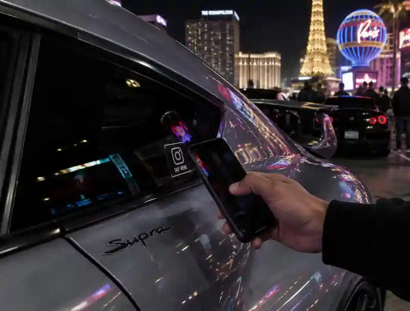 Phone tapping a Fast Taps sticker on a Supra window on the Las Vegas Strip